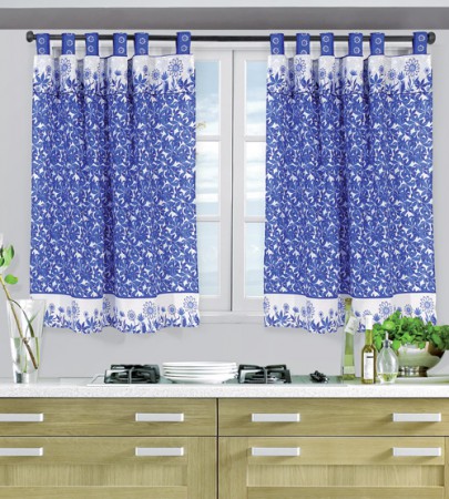 Cortina de cocina 1128 2 Paños de 1.35 x 1.25 mts Colores: Rojo - Azul - Verde.       100% Poliéster 